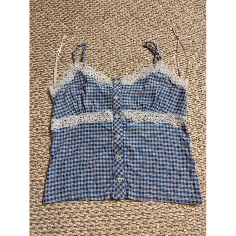 Blue Gingham Lace Trim tank Camisole Top baby doll dainty milkmaid renfaire  M